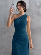Vestido Longo Feminino Um Ombro Só Forrado Elegante Para Convidada