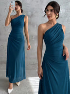 Vestido Longo Feminino Um Ombro Só Forrado Elegante Para Convidada