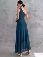 Vestido Longo Feminino Um Ombro Só Forrado Elegante Para Convidada