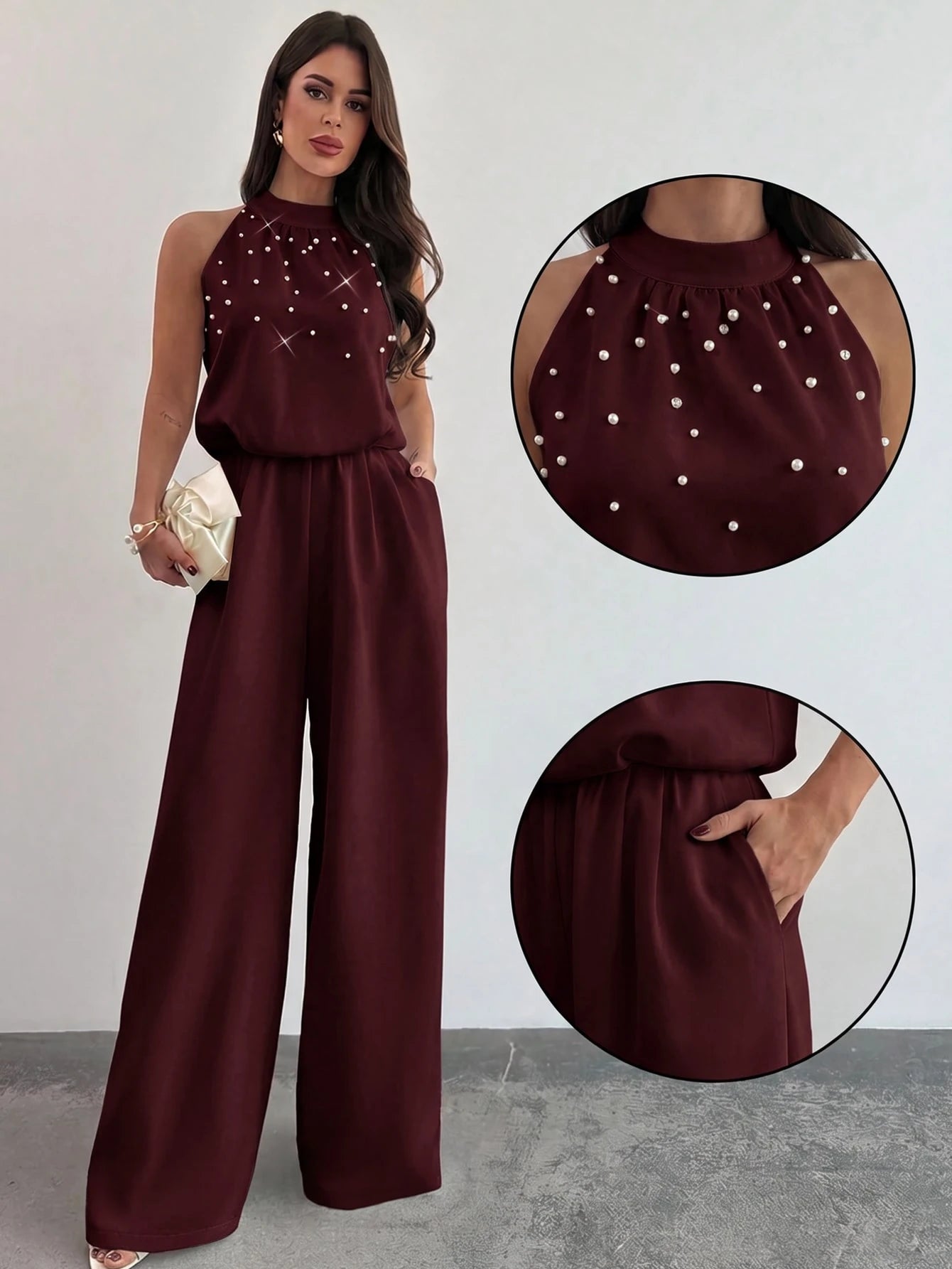 Macacão Feminino Elegante Pantalona Gola Princesa com Pérolas