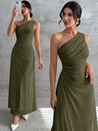 Vestido Longo Feminino Um Ombro Só Forrado Elegante Para Convidada