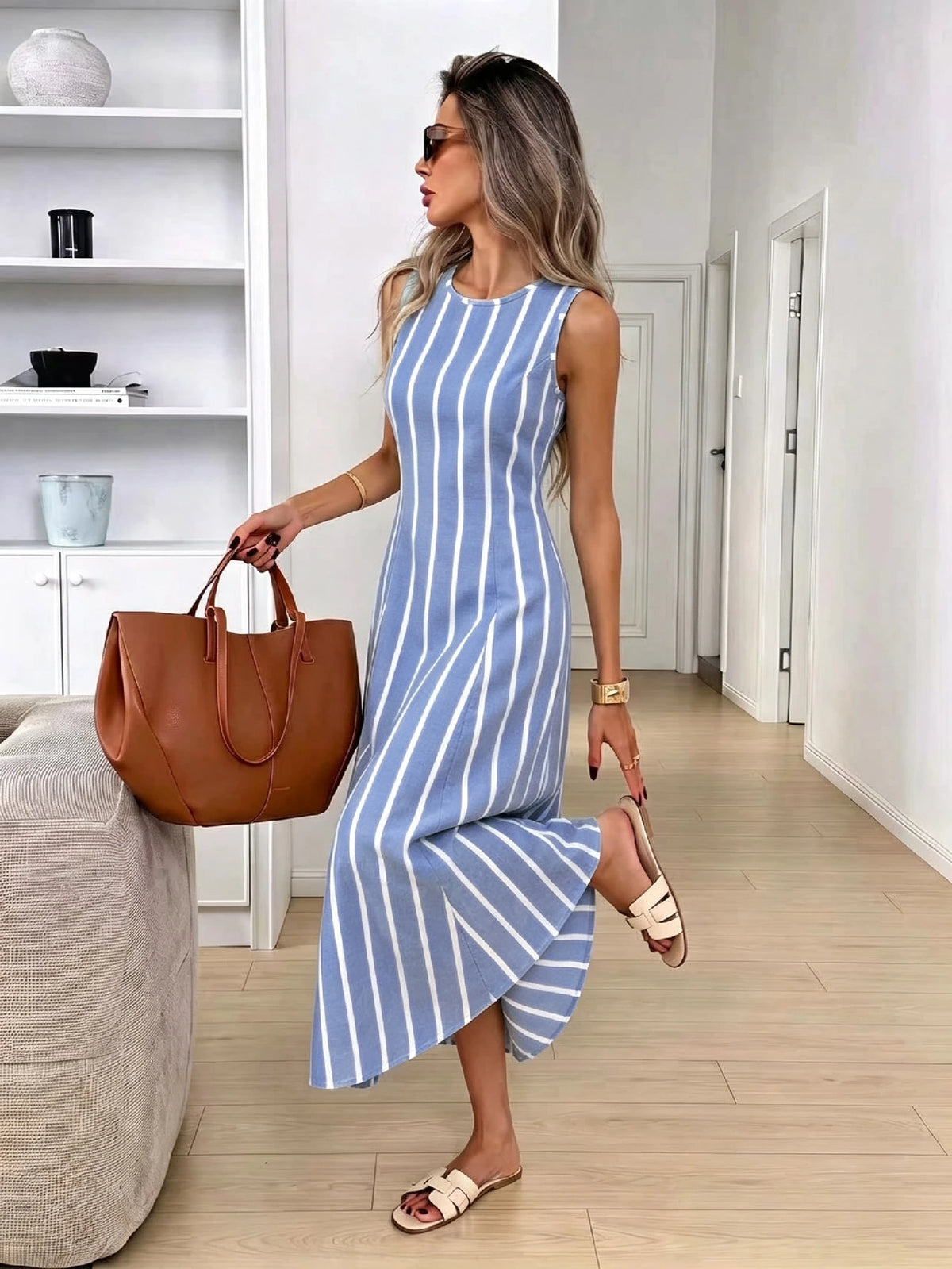 Vestido Longo Verão Listrado Sem Mangas