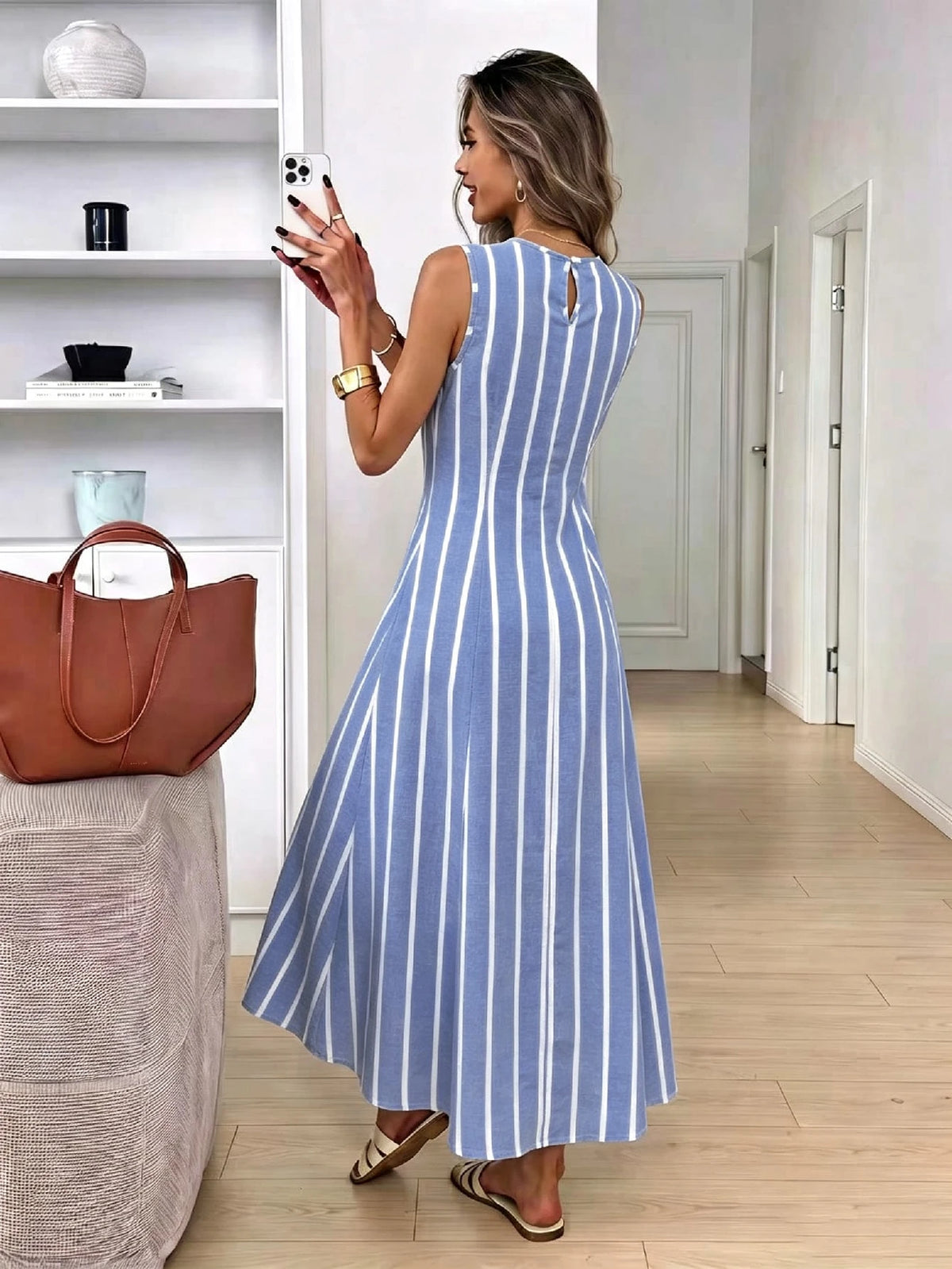 Vestido Longo Verão Listrado Sem Mangas