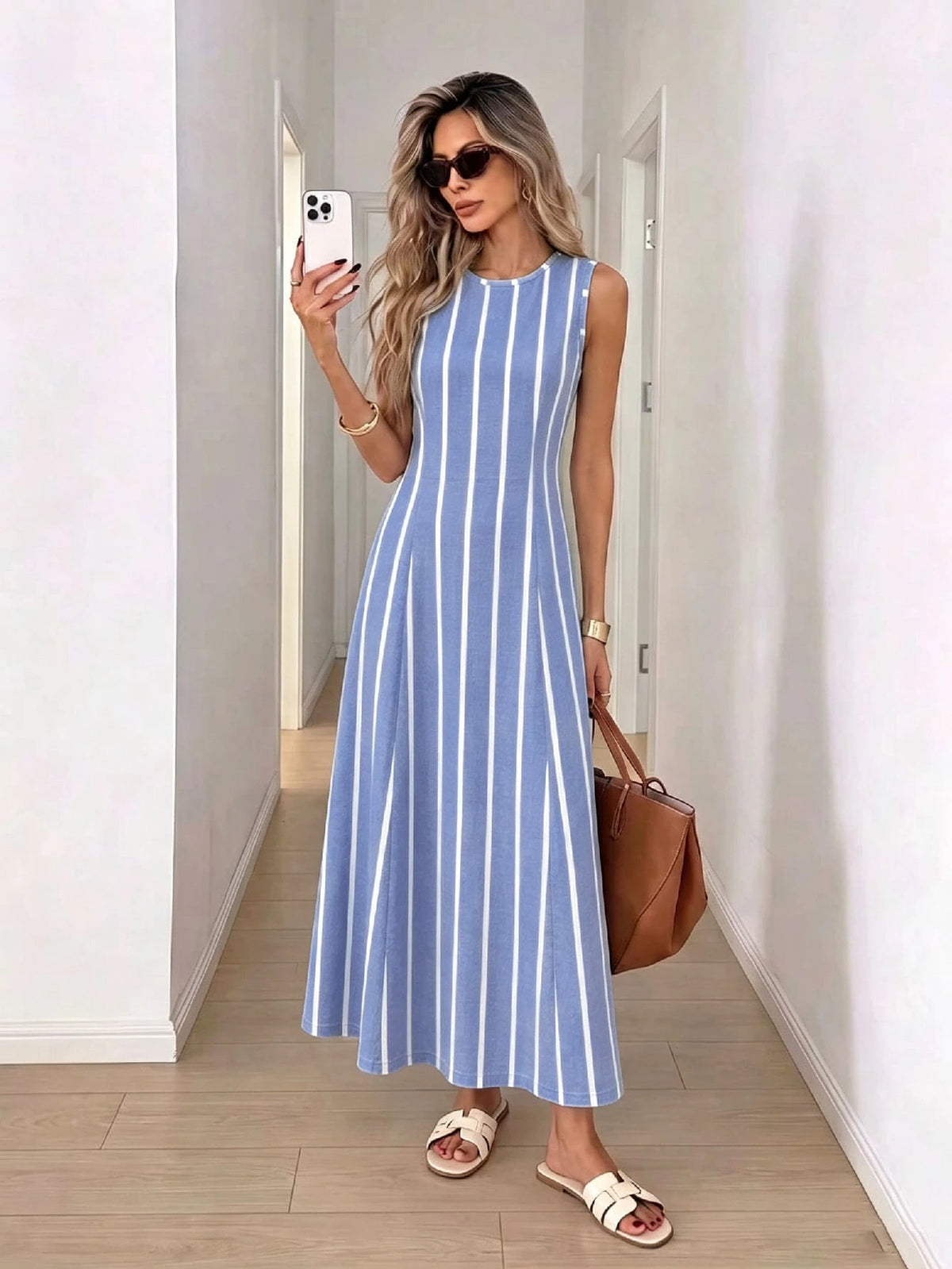 Vestido Longo Verão Listrado Sem Mangas