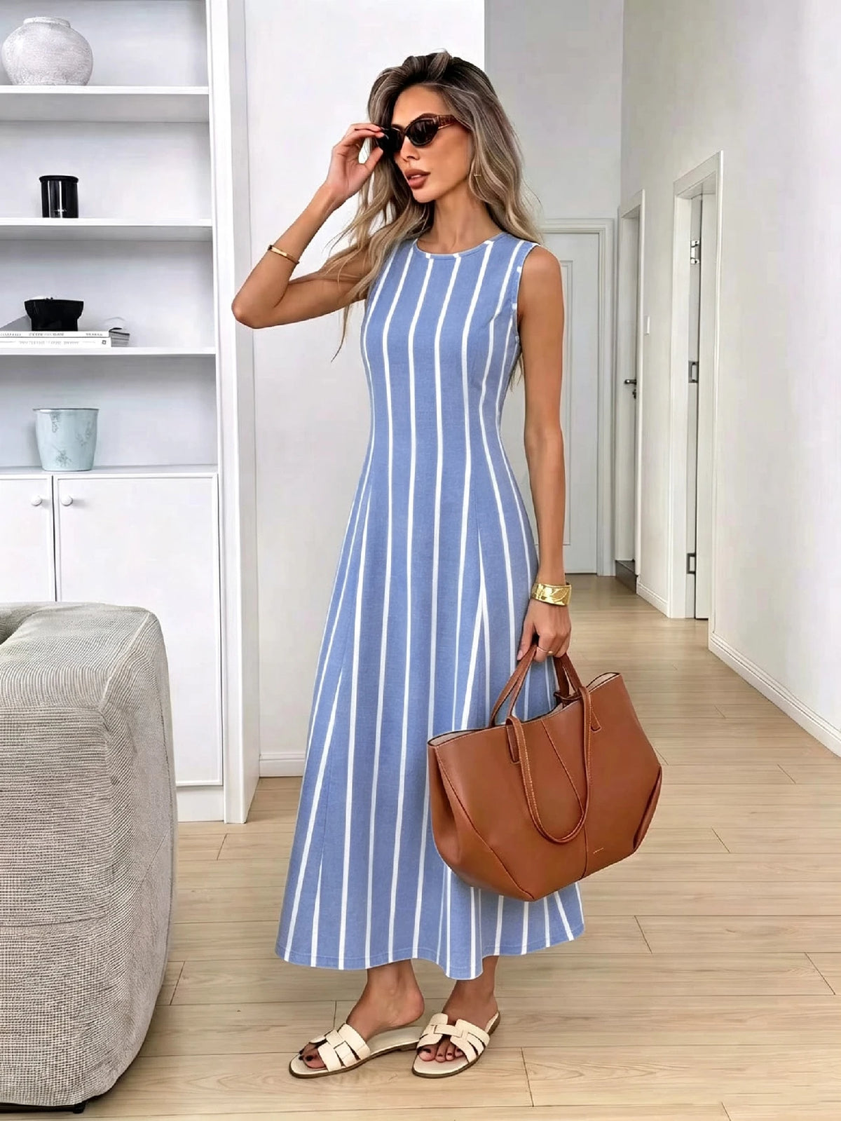 Vestido Longo Verão Listrado Sem Mangas