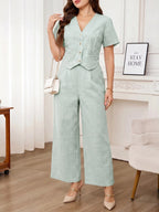 Editum Conjunto Casual Diário de 2 Peças com Top de Manga Curta com Decote em V Listrado e Calça Longa para Mulheres