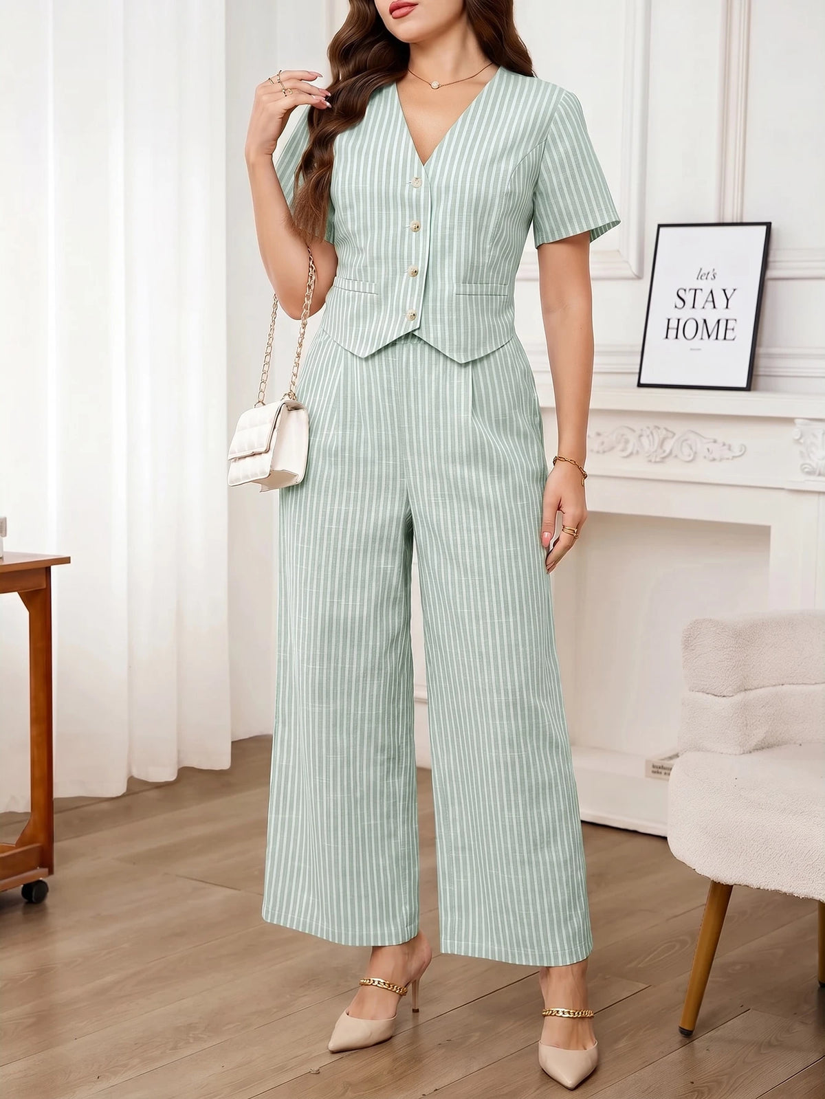 Editum Conjunto Casual Diário de 2 Peças com Top de Manga Curta com Decote em V Listrado e Calça Longa para Mulheres