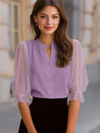 Blusa Feminina Elegante com Gola Redonda, Manga 3/4, Manga Pétala em Tule Transparente, Botões, Rosa, Profissional, Primavera/Verão, Trabalho e Casual