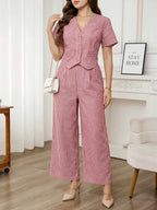 Editum Conjunto Casual Diário de 2 Peças com Top de Manga Curta com Decote em V Listrado e Calça Longa para Mulheres