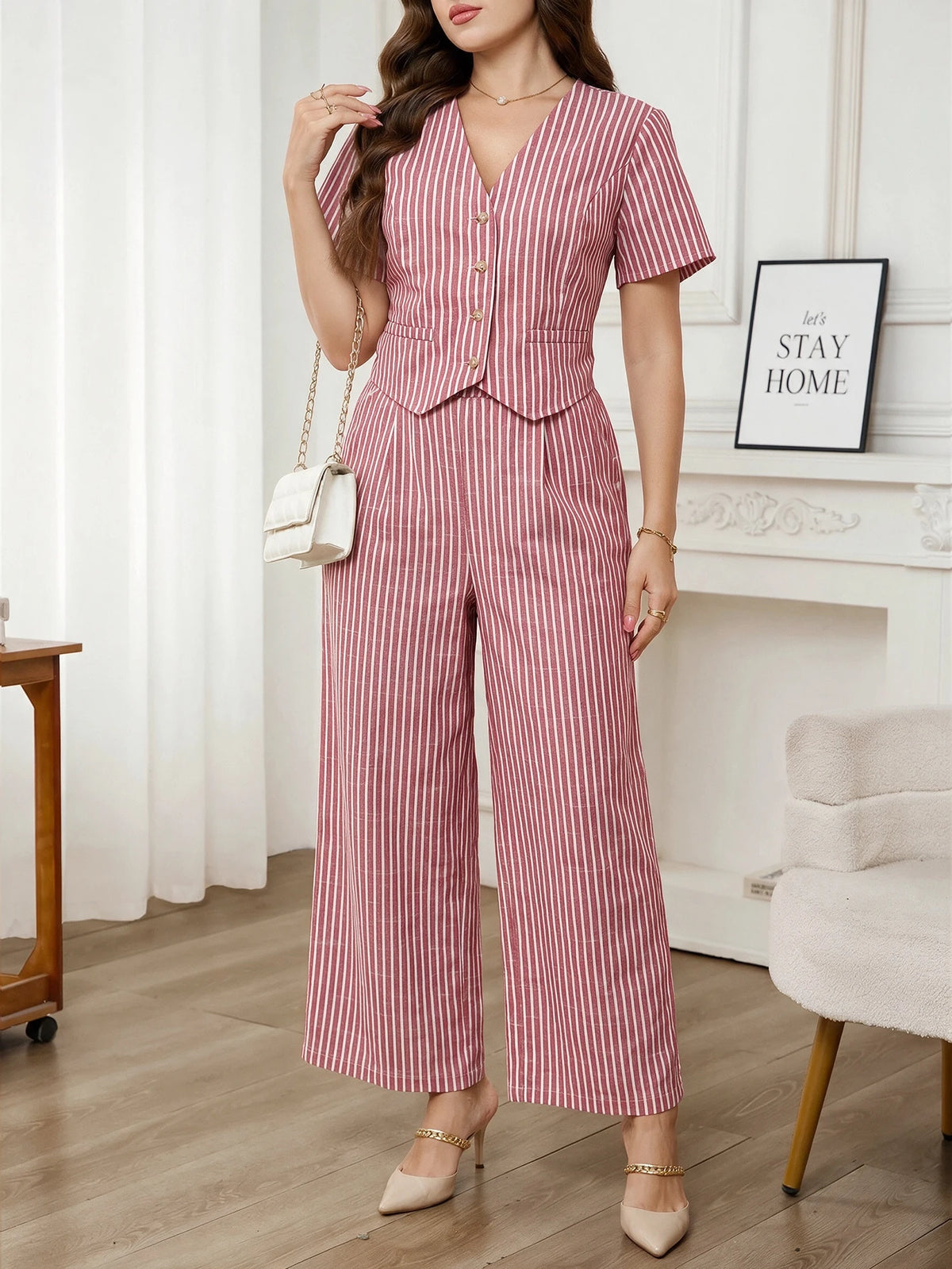 Editum Conjunto Casual Diário de 2 Peças com Top de Manga Curta com Decote em V Listrado e Calça Longa para Mulheres