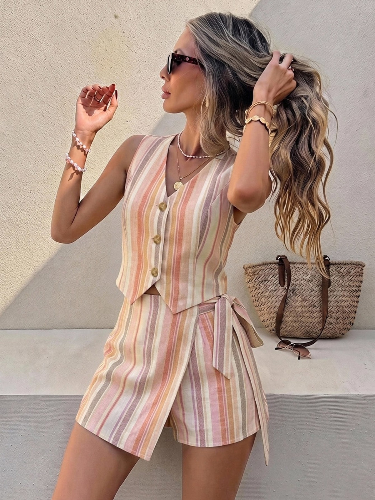 Conjunto Feminino Shorts-Saia e Colete Listrado com Laço