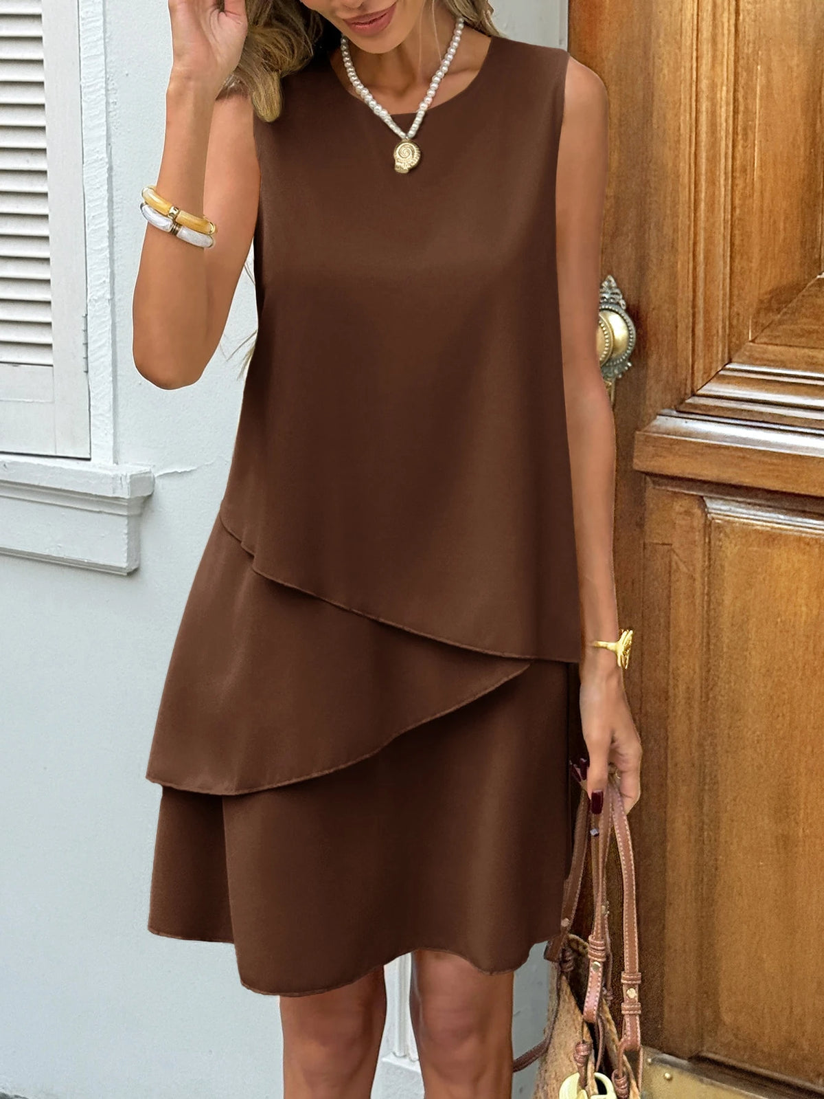 Vestido Curto Sem Manga Casual Assimétrico Alfaiataria