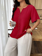 Weeklong Top Solta de Manga Curta com Recorte Floral e Babados para Mulheres Plus Size, Ideal para Férias de Primavera/Verão