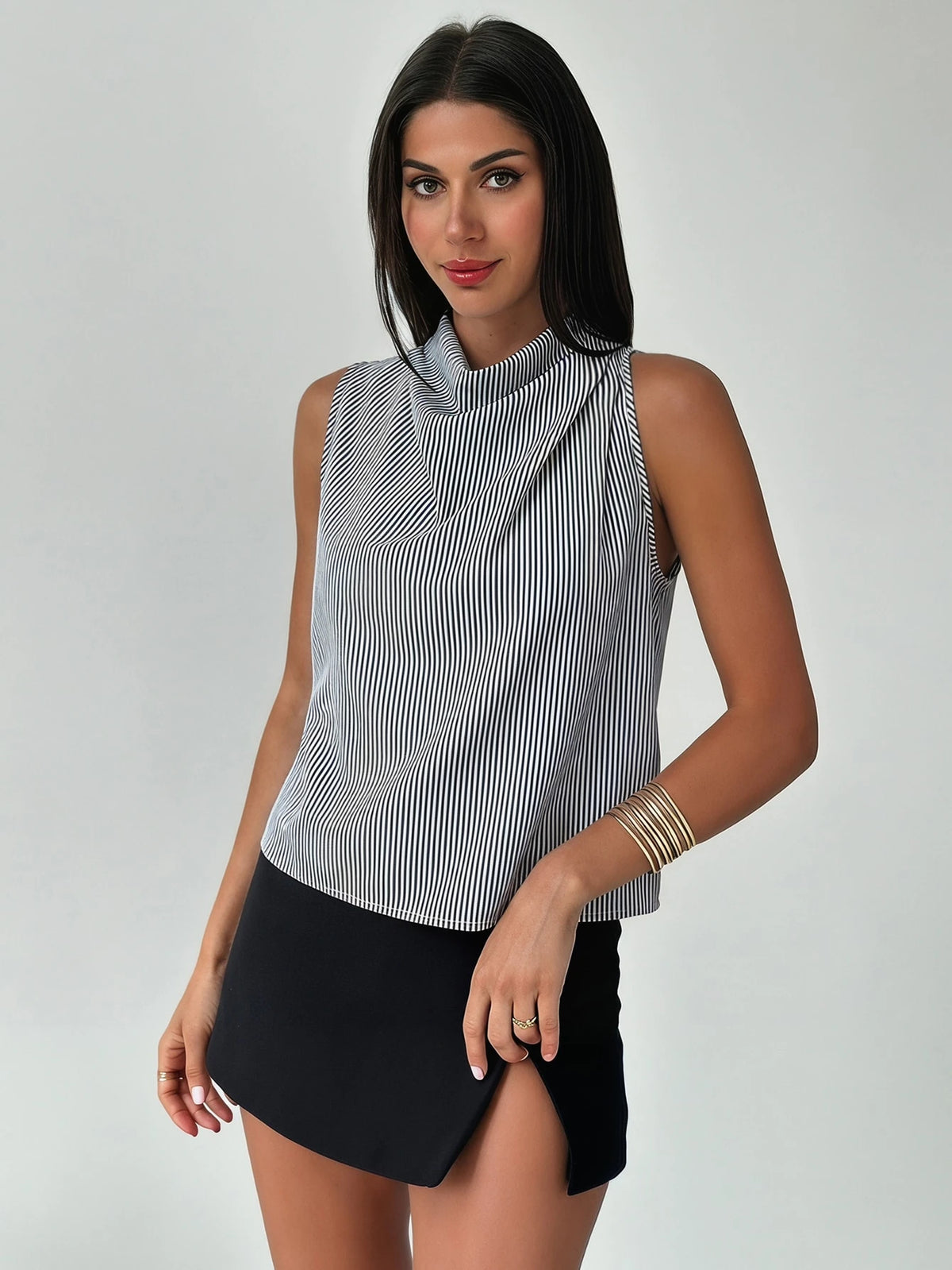 Firerie Blusa Assimétrica Plissada Cor de Damasco Elegante e da Moda Feminina, para Escritório, Uso Diário, Férias e Festivais de Música, Primavera/Verão