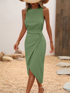 EMERY ROSE Vestido Longo com Bainha Franzida e Envolvente Sólido, Conjunto Feminino