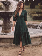 Anewsta Vestido Longo Elegante de Renda com Decote em V Branco e Fenda, Roupa Feminina