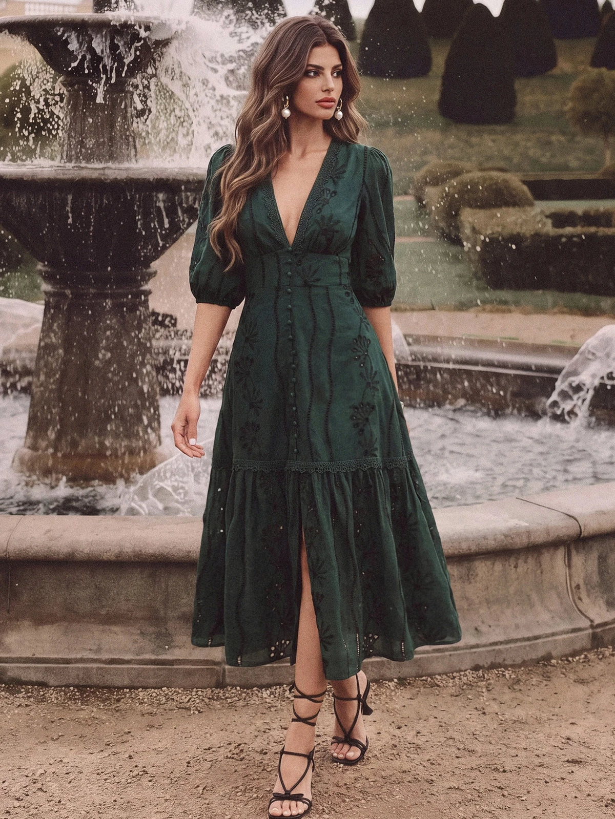 Anewsta Vestido Longo Elegante de Renda com Decote em V Branco e Fenda, Roupa Feminina