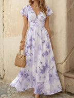 Vestido Longo em Chiffon Cintura Marcada Manga com Babados