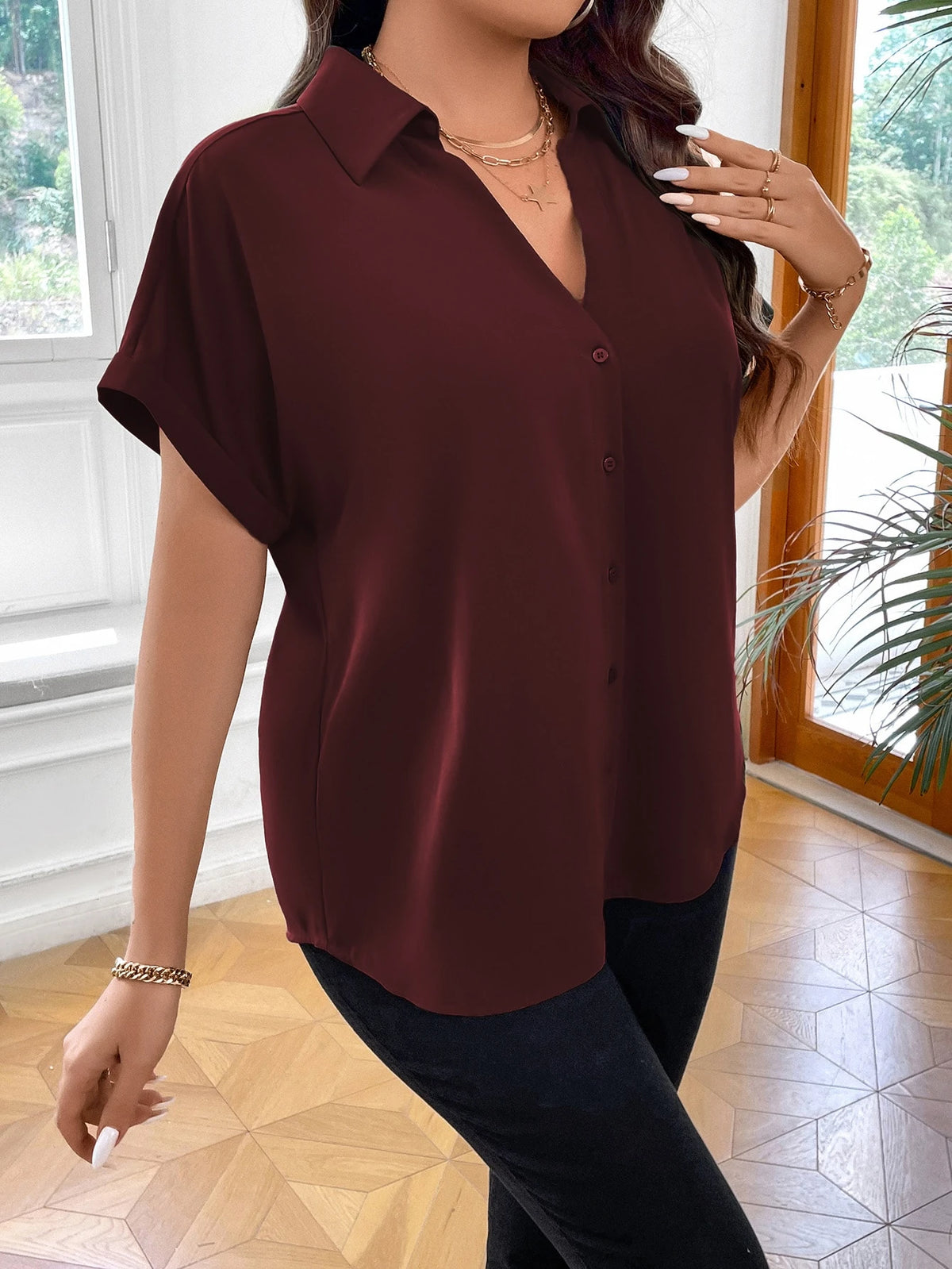 Vionelle Camisa casual e casual de Plus Size com mangas morcego sólidas para o verão feminina