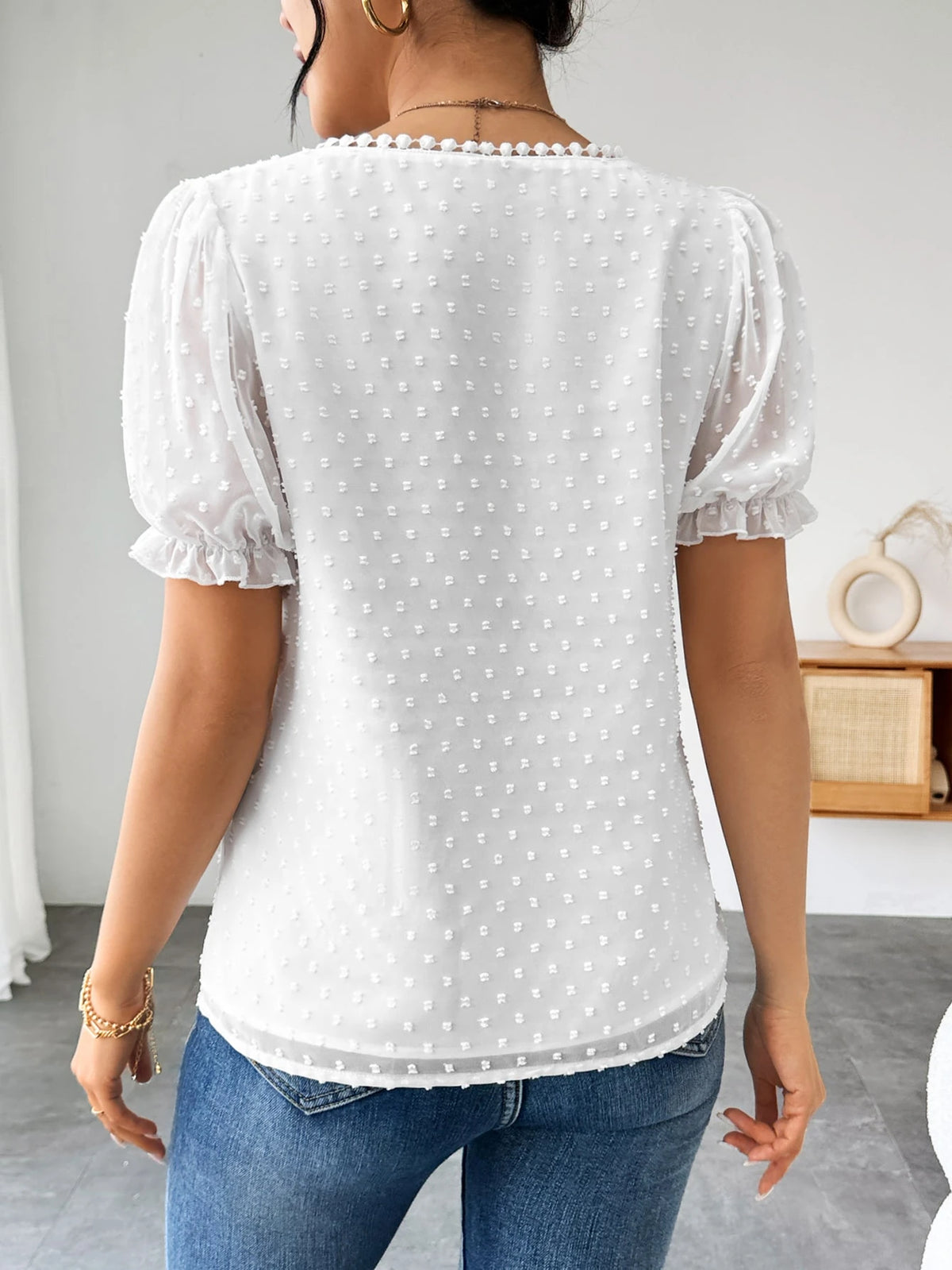 Blusa Jacquard com Decote em V, Tops de Manga Curta