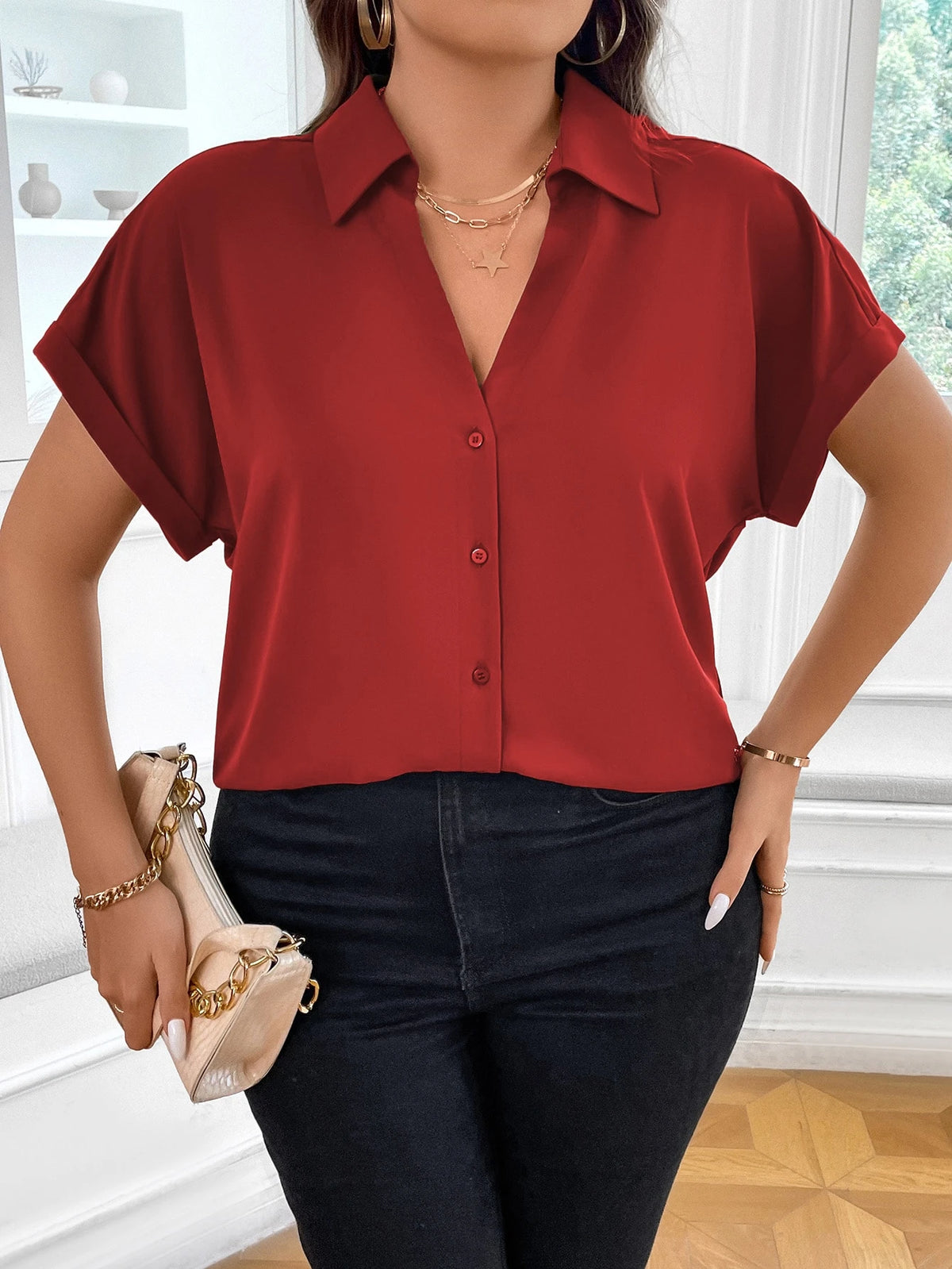 Vionelle Camisa casual e casual de Plus Size com mangas morcego sólidas para o verão feminina