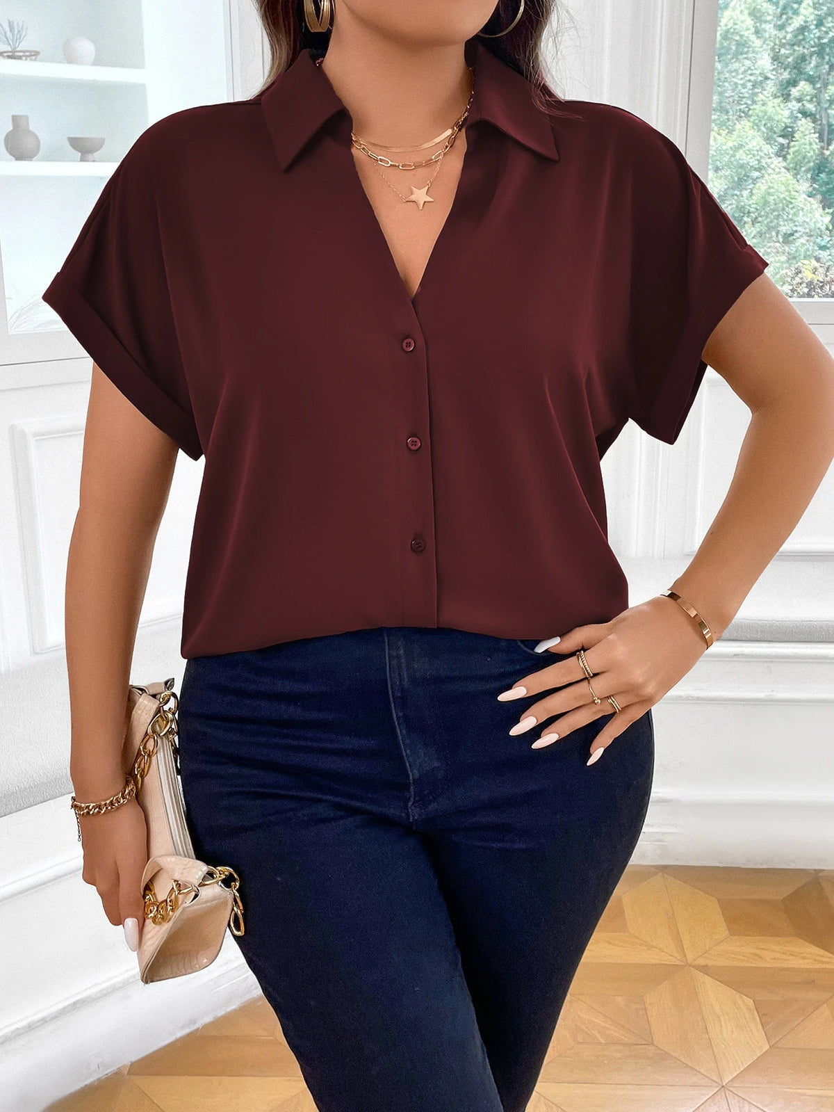Vionelle Camisa casual e casual de Plus Size com mangas morcego sólidas para o verão feminina