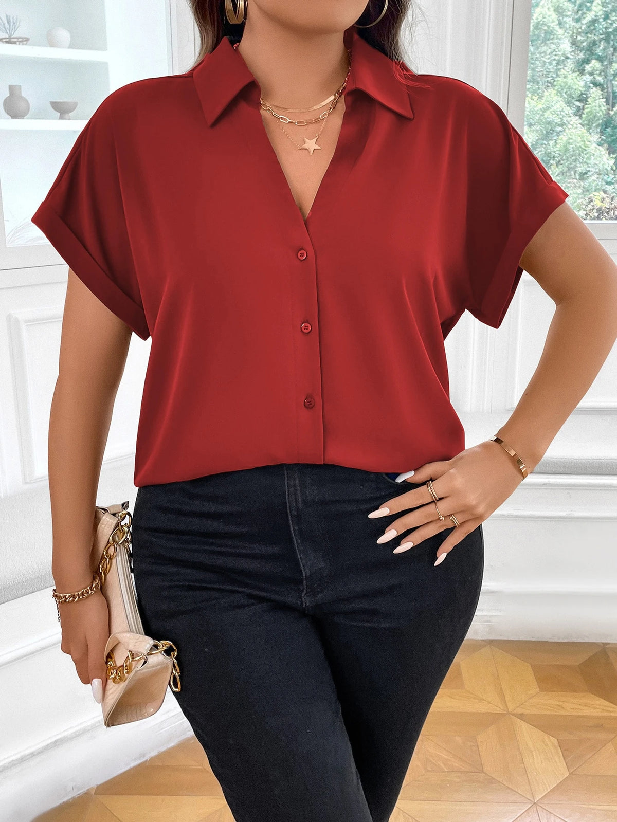 Vionelle Camisa casual e casual de Plus Size com mangas morcego sólidas para o verão feminina