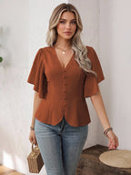 Vionelle Blusa Feminina Plus Size Elegante Estilo Francês com Decote em V, Decoração com Botões, Cintura Marcada, Barra Evasê e Manga Curta, Marrom, Verão, Escritório, Ação de Graças