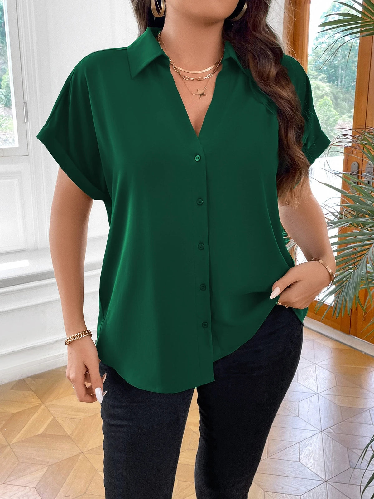Vionelle Camisa casual e casual de Plus Size com mangas morcego sólidas para o verão feminina