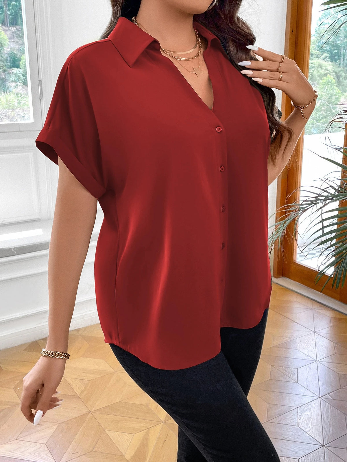Vionelle Camisa casual e casual de Plus Size com mangas morcego sólidas para o verão feminina