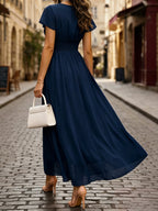 Balvessa Vestido de Chiffon Leve Romântico Elegante com Cintura Marcada Estilo Francês Vintage Manga com Babados Comprimento Médio para Mulheres