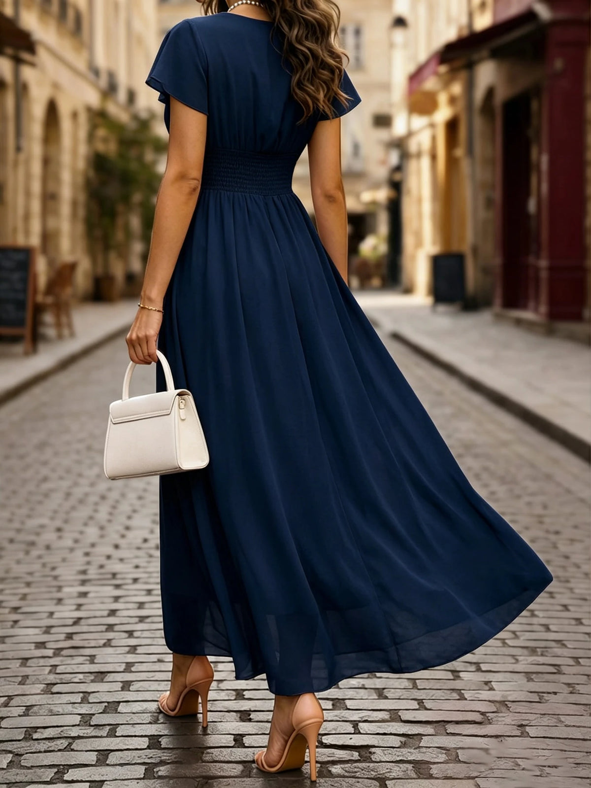 Balvessa Vestido de Chiffon Leve Romântico Elegante com Cintura Marcada Estilo Francês Vintage Manga com Babados Comprimento Médio para Mulheres