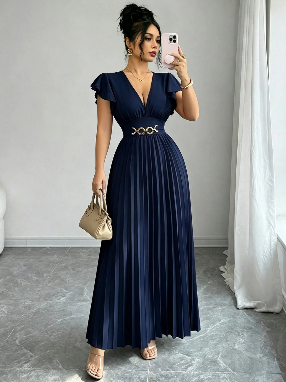 Elenzga Novo Vestido Longo Feminino com Decote em V, Manga com Babado, Tecido Liso, Fivela de Metal, Design Plissado, Elegante, Jovem, para Dia dos Namorados, Banquete, Férias e Festa, com Efeito Alongador e Emagrecedor