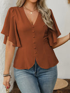 Vionelle Blusa Feminina Plus Size Elegante Estilo Francês com Decote em V, Decoração com Botões, Cintura Marcada, Barra Evasê e Manga Curta, Marrom, Verão, Escritório, Ação de Graças