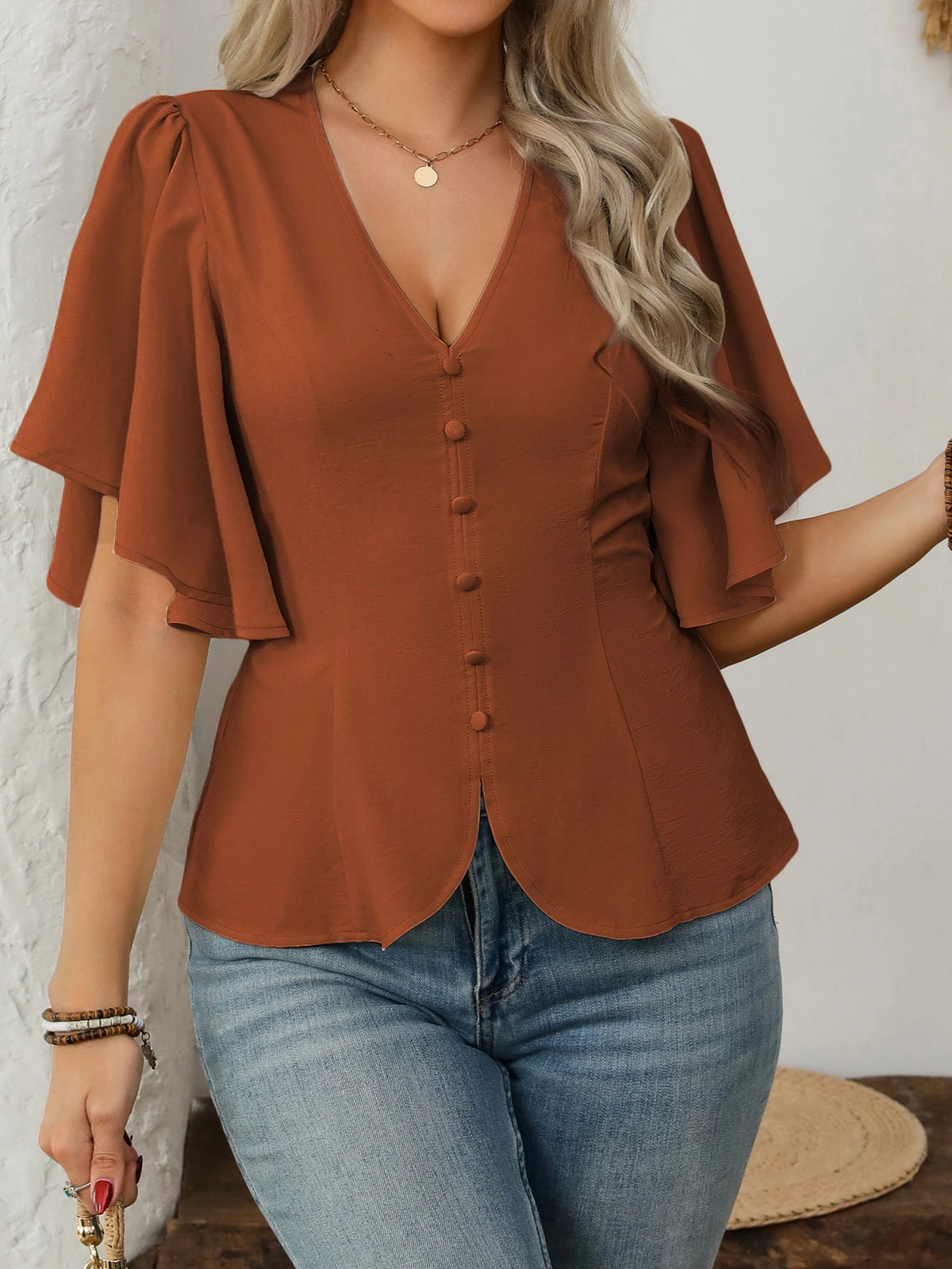 Vionelle Blusa Feminina Plus Size Elegante Estilo Francês com Decote em V, Decoração com Botões, Cintura Marcada, Barra Evasê e Manga Curta, Marrom, Verão, Escritório, Ação de Graças