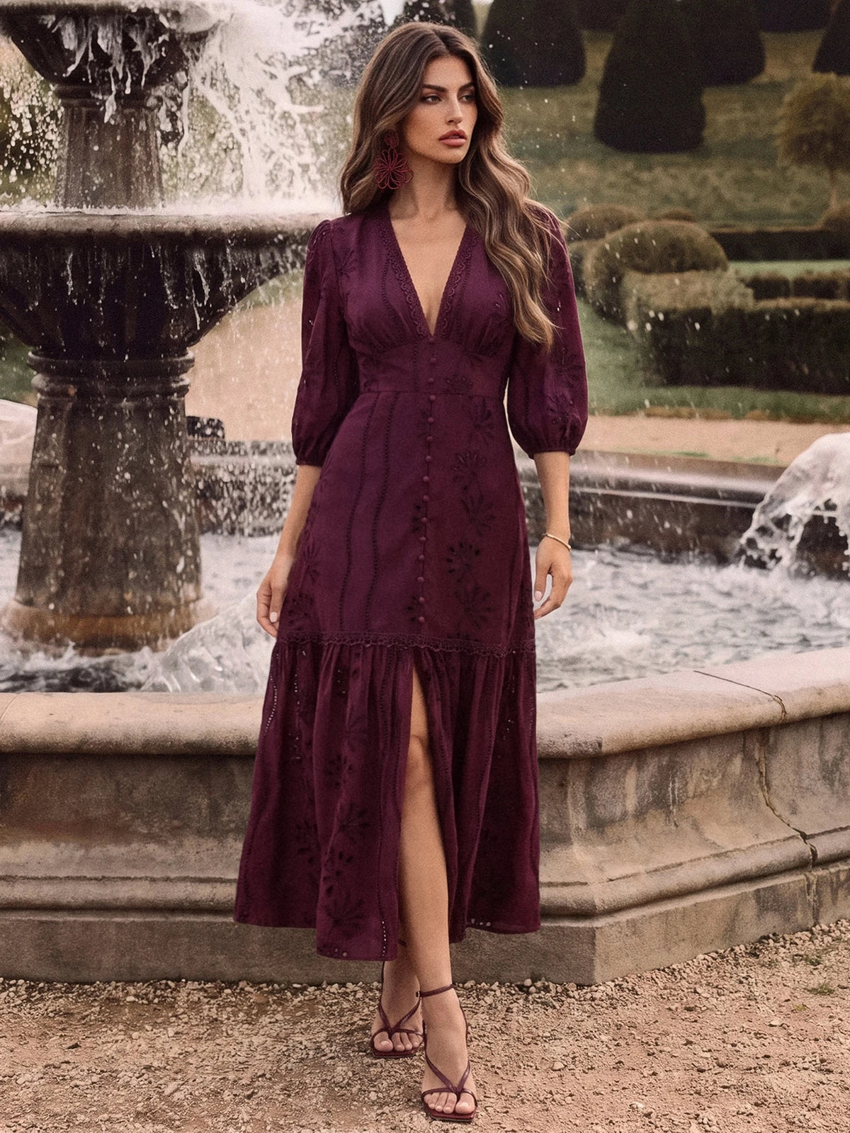 Anewsta Vestido Longo Elegante de Renda com Decote em V Branco e Fenda, Roupa Feminina
