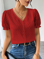Blusa Jacquard com Decote em V, Tops de Manga Curta