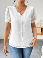 Blusa Jacquard com Decote em V, Tops de Manga Curta