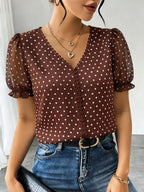 Blusa Jacquard com Decote em V, Tops de Manga Curta
