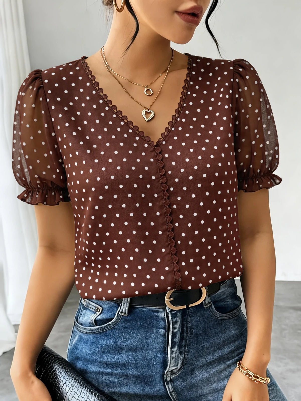 Blusa Jacquard com Decote em V, Tops de Manga Curta