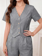 Editum Conjunto Casual Diário de 2 Peças com Top de Manga Curta com Decote em V Listrado e Calça Longa para Mulheres