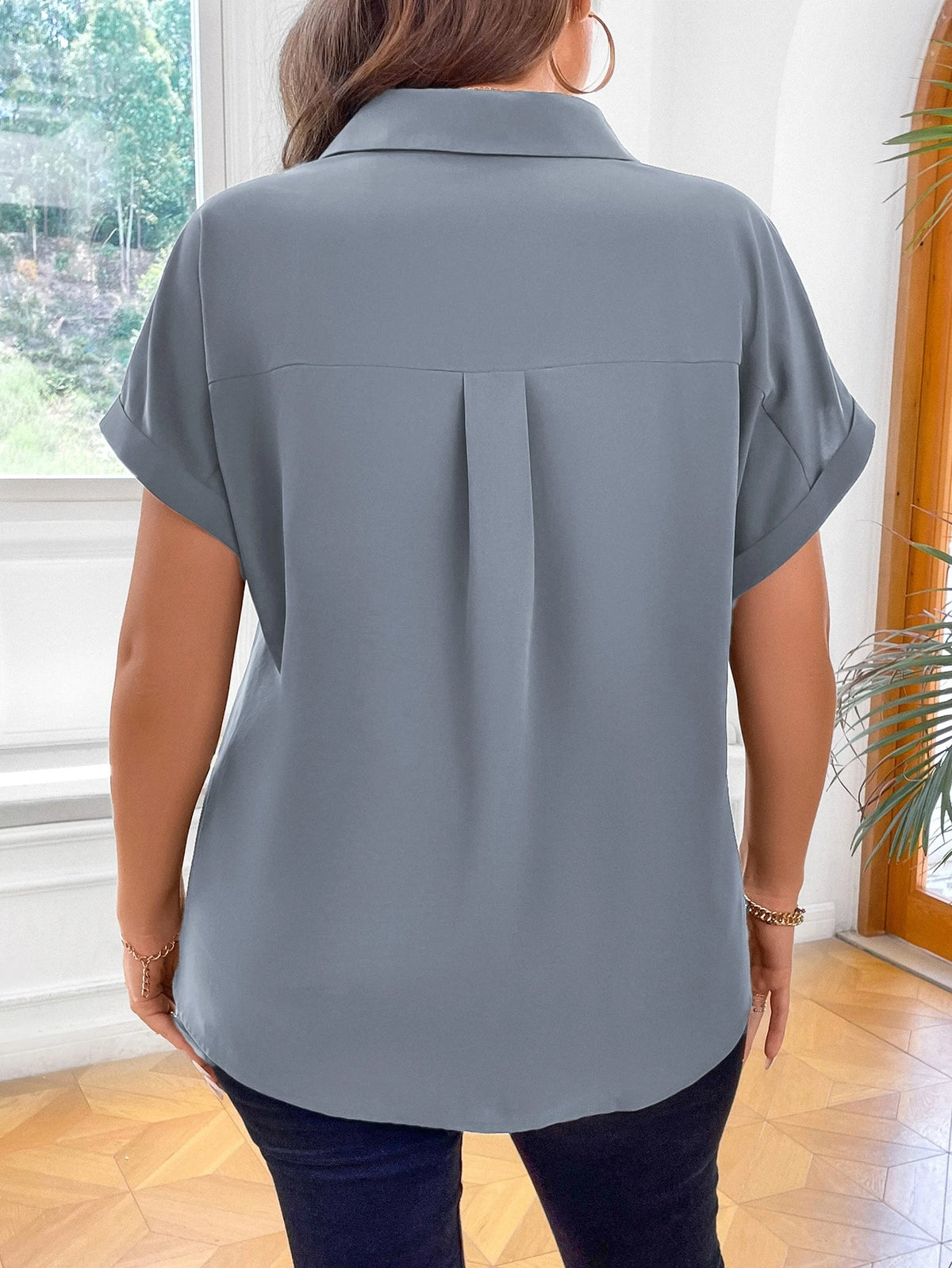 Vionelle Camisa casual e casual de Plus Size com mangas morcego sólidas para o verão feminina