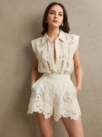 Anewsta Conjunto de Blusa de Renda Bordada Vintage de Alta Qualidade e Shorts para Mulheres no Verão
