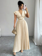 Elenzga Novo Vestido Longo Feminino com Decote em V, Manga com Babado, Tecido Liso, Fivela de Metal, Design Plissado, Elegante, Jovem, para Dia dos Namorados, Banquete, Férias e Festa, com Efeito Alongador e Emagrecedor