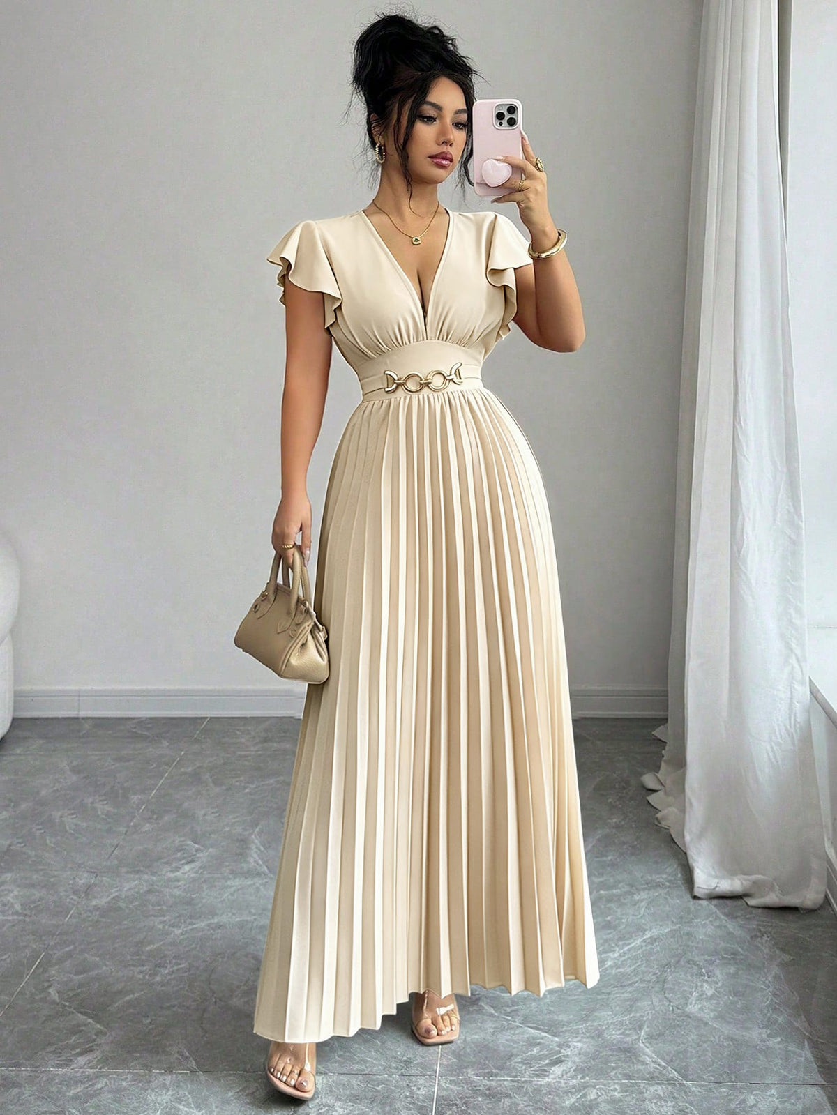 Elenzga Novo Vestido Longo Feminino com Decote em V, Manga com Babado, Tecido Liso, Fivela de Metal, Design Plissado, Elegante, Jovem, para Dia dos Namorados, Banquete, Férias e Festa, com Efeito Alongador e Emagrecedor