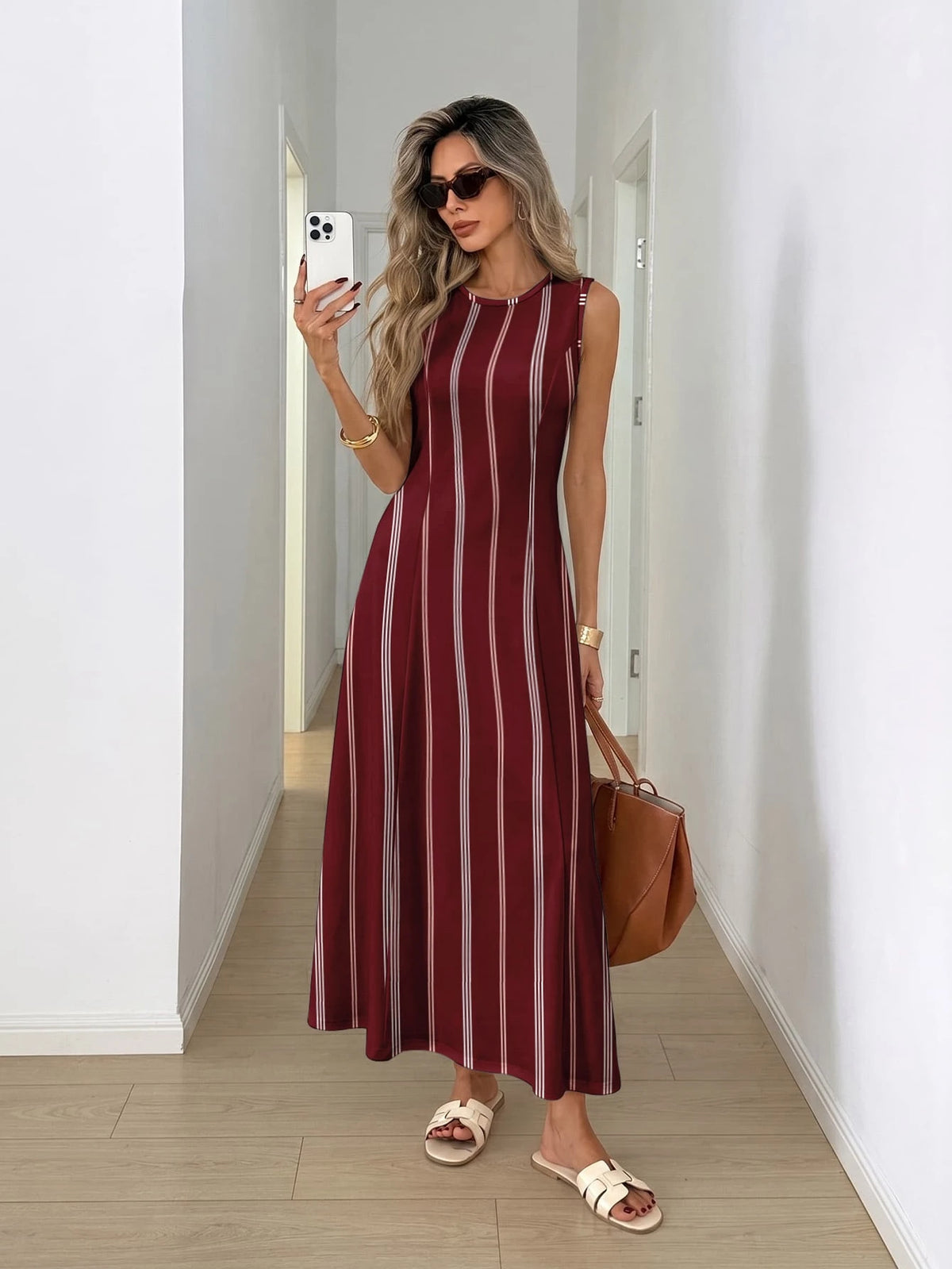 Vestido Longo Verão Listrado Sem Mangas