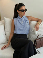 Firerie Blusa Assimétrica Plissada Cor de Damasco Elegante e da Moda Feminina, para Escritório, Uso Diário, Férias e Festivais de Música, Primavera/Verão