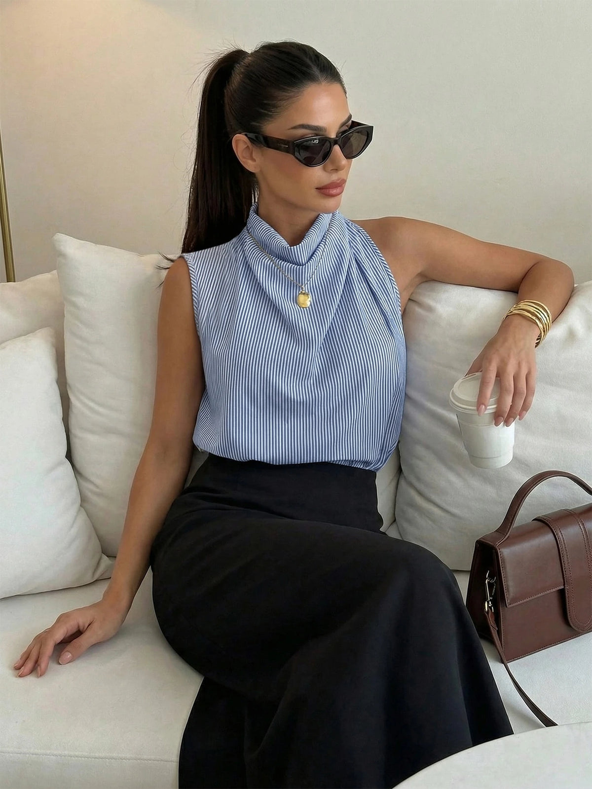 Firerie Blusa Assimétrica Plissada Cor de Damasco Elegante e da Moda Feminina, para Escritório, Uso Diário, Férias e Festivais de Música, Primavera/Verão