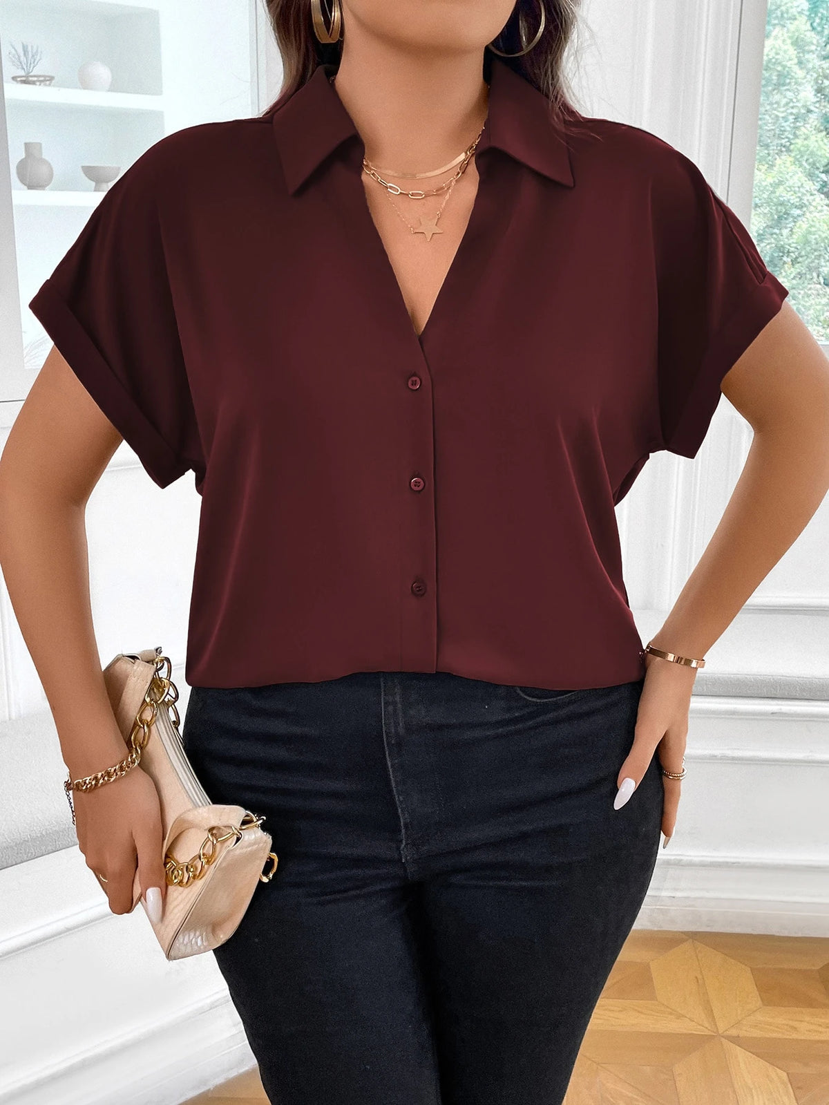 Vionelle Camisa casual e casual de Plus Size com mangas morcego sólidas para o verão feminina