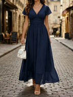 Balvessa Vestido de Chiffon Leve Romântico Elegante com Cintura Marcada Estilo Francês Vintage Manga com Babados Comprimento Médio para Mulheres